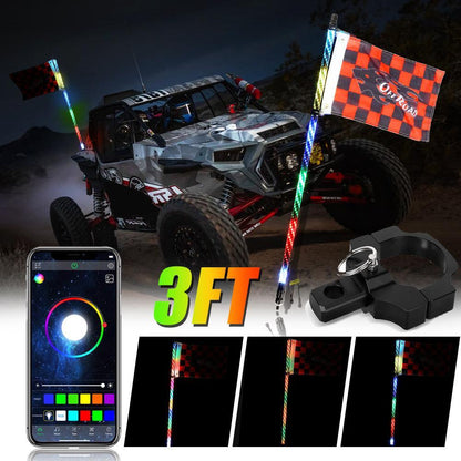 3FT/4FT RGB LED fouet LED avec commande Bluetooth + fouet LED supports de montage pour UTV, ATV, véhicule tout-terrain – vue