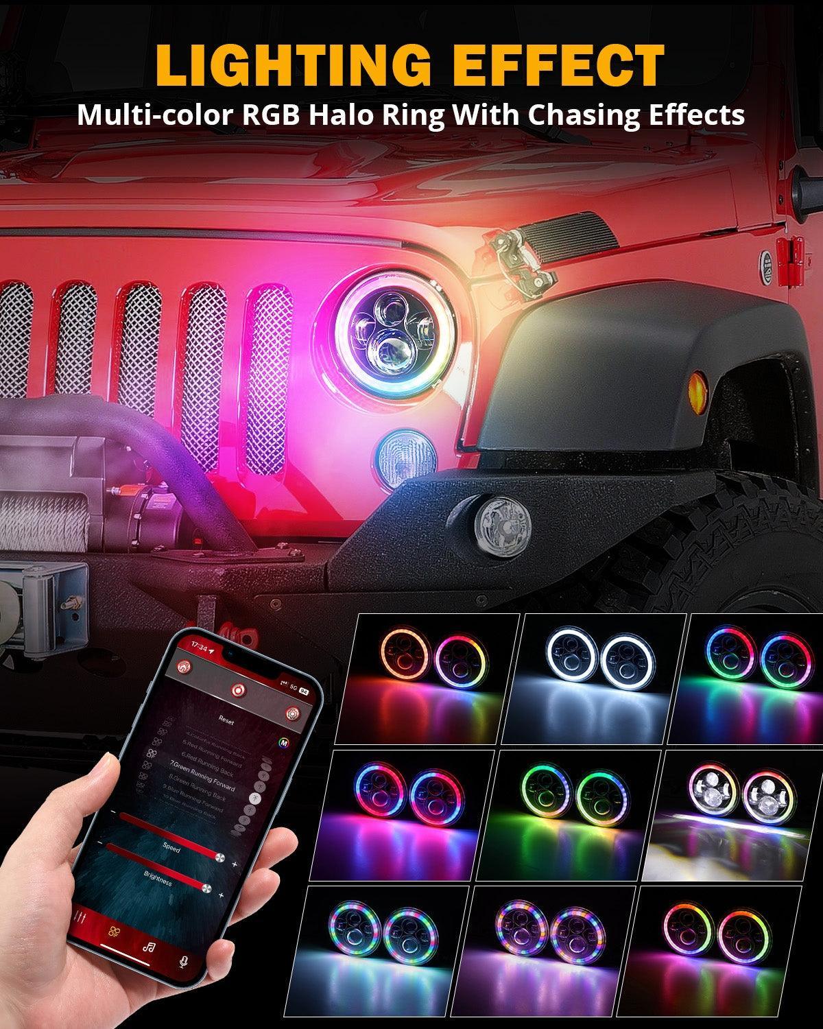 Upgraded 7 Inch Round LED Headlight avec RGB Halo Ring pour Jeep Wrangler JK TJ LJ – vue 3