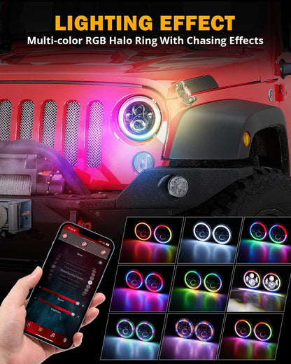 Upgraded 7″ rond LED phare avec RGB anneau Halo pour Jeep Wrangler JK TJ LJ – vue 3 – NOVADOMIO