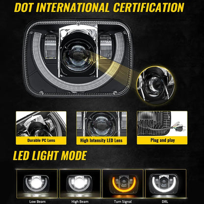 7×6″ optique scellée phares LED avec feux de route/croisement & orange clignotant blanc DRL pour Jeep Cherokee XJ/Wrangler