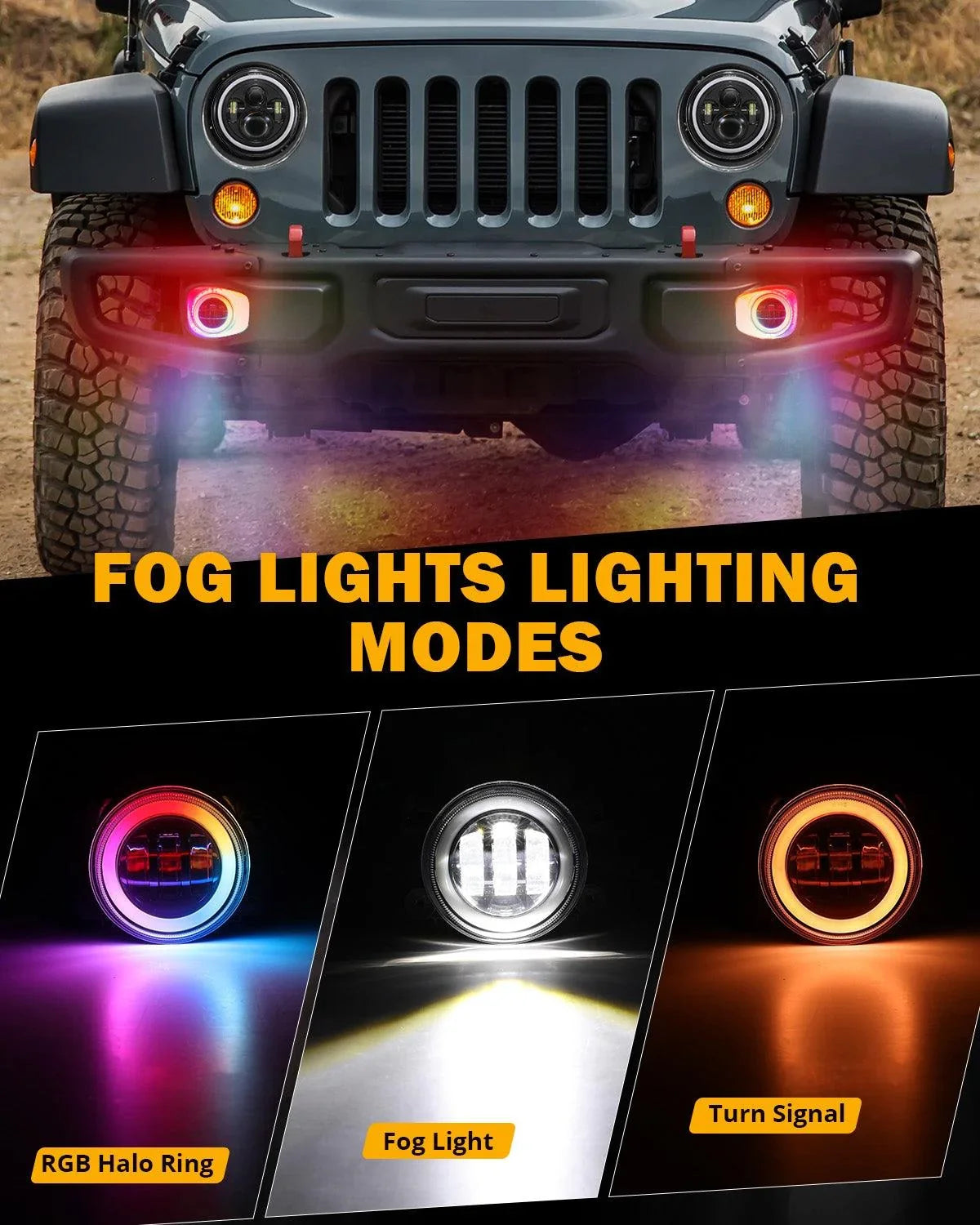 Upgraded RGB 7 Inch Headlights + 4 Inch Fog Lights Combo pour Jeep Wrangler JK avec APP Control – vue 3