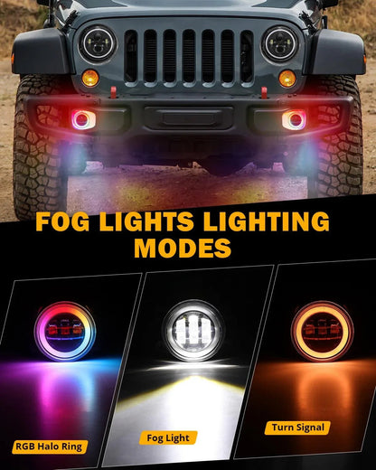 Upgraded RGB 7″ phares + 4″ antibrouillards Combo pour Jeep Wrangler JK avec commande par application – vue 3 – NOVADOMIO