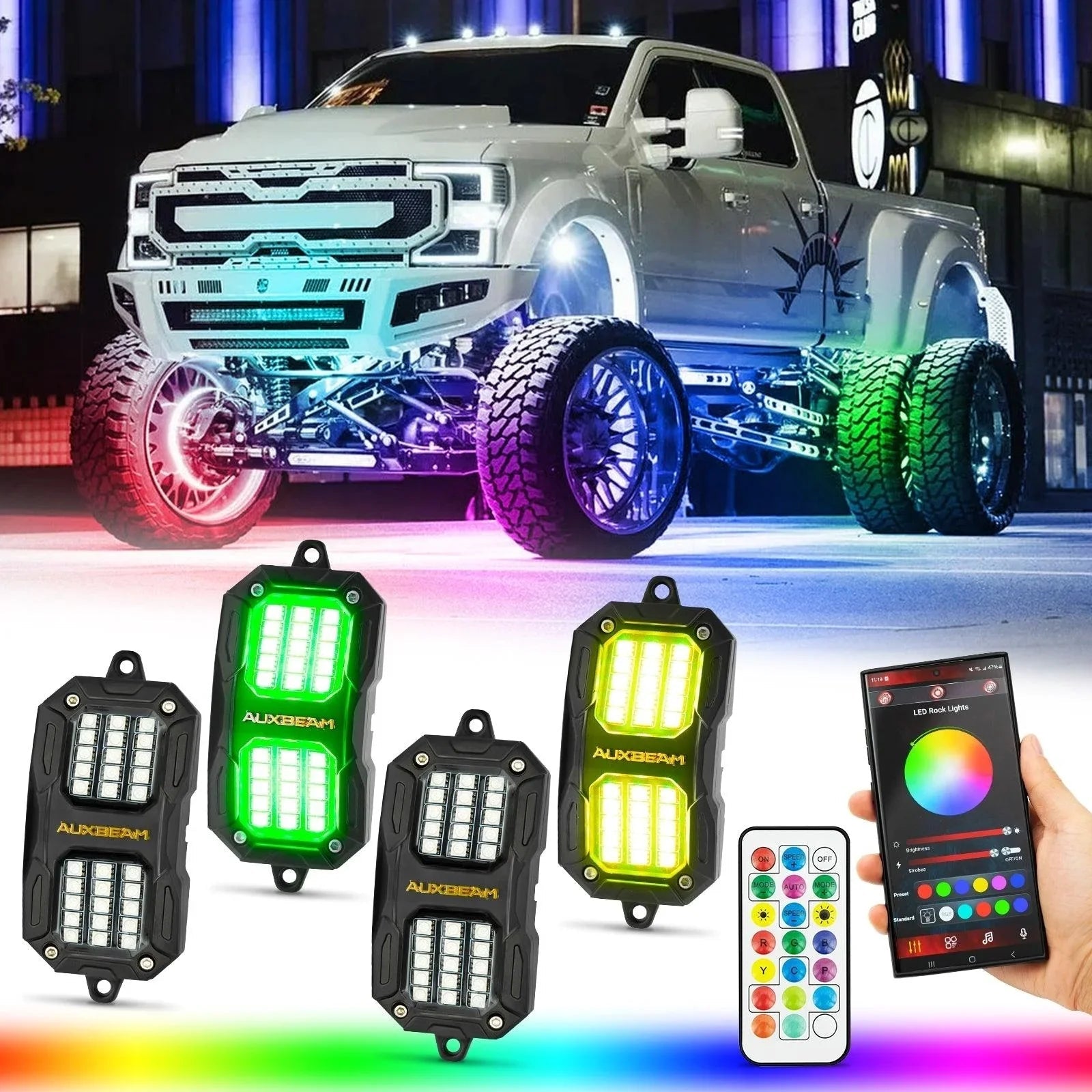 NEW Vibrant série | 4PCS RGB LED Rock Lights Kit Multicolor Neon Underglow Lights avec Bluetooth APP & Remote Control