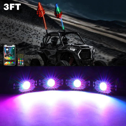 2 pièces 3FT RGB LED fouets LED avec clignotant & feu stop + RGB LED éclairages de soubassement kit avec commande Bluetooth