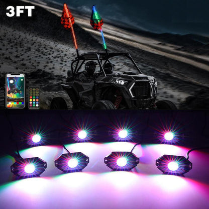 2 pièces 3FT RGB LED fouets LED avec clignotant & feu stop + RGB LED éclairages de soubassement kit avec commande Bluetooth