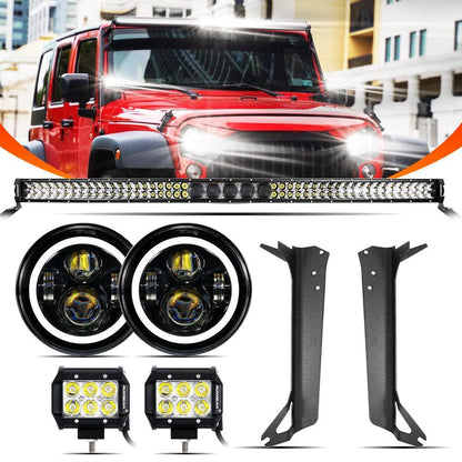 7″ LED Halo phares+5D-PRO 52″ droit Barres LED+pare-brise supports de montage 18 W projecteurs LED compacts kit pour Jeep