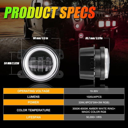 Lot de 2 4″ LED antibrouillards avec RGB anneau Halo & clignotant, Bluetooth commande pour Jeep Wrangler JK 2007–2017 – vue 5