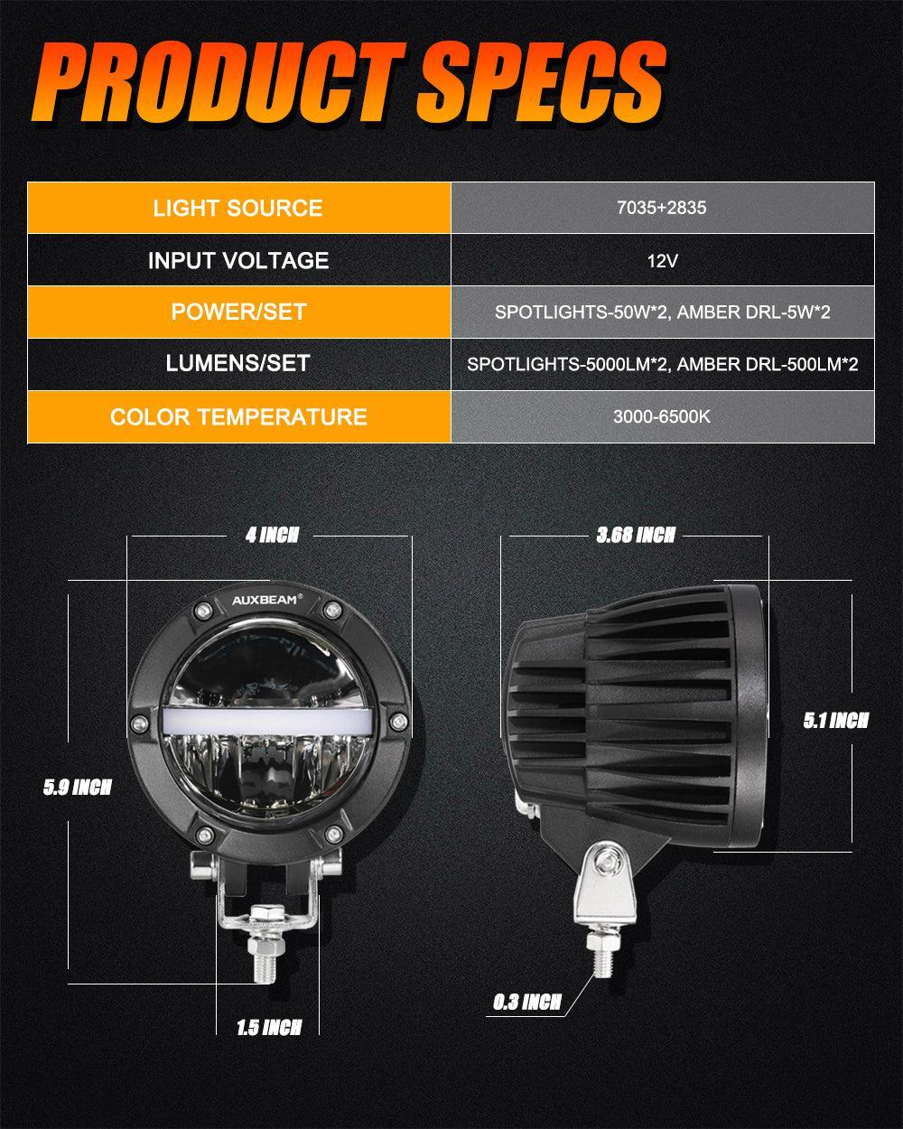 C4 série | 4 Inch 110W 11000LM LED Pods Offroad LED Driving Lights avec orange DRL – vue 4