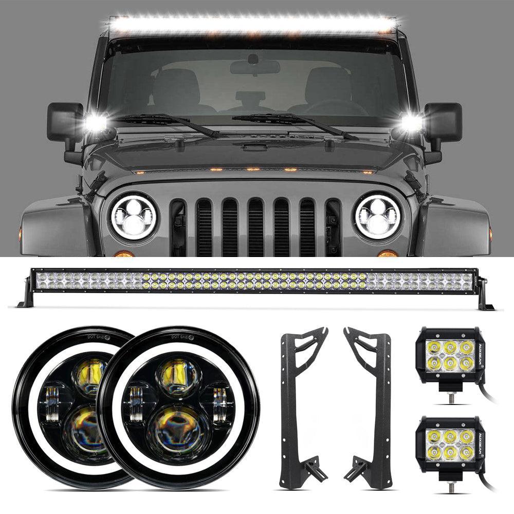 07-17 Jeep JK - Mega Bundle, 7" LED Halo Headlights,52" 300W Straight Barres LED&Windshield Mounting Brackets, 18W Pods light