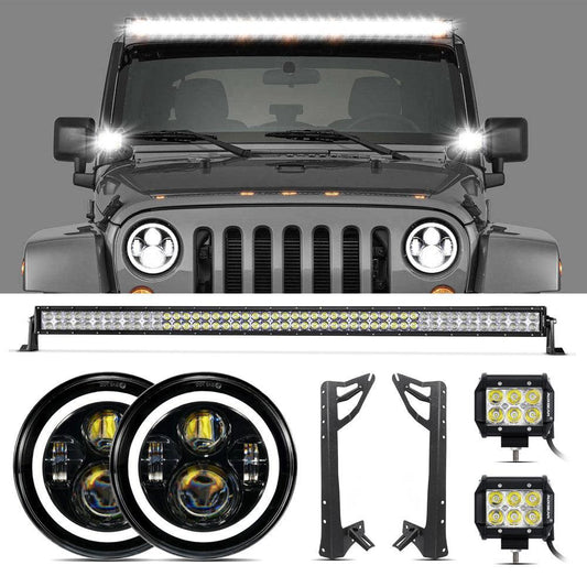 07-17 Jeep JK - Mega Bundle, 7" LED Halo Headlights,52" 300W Straight Barres LED&Windshield Mounting Brackets, 18W Pods light