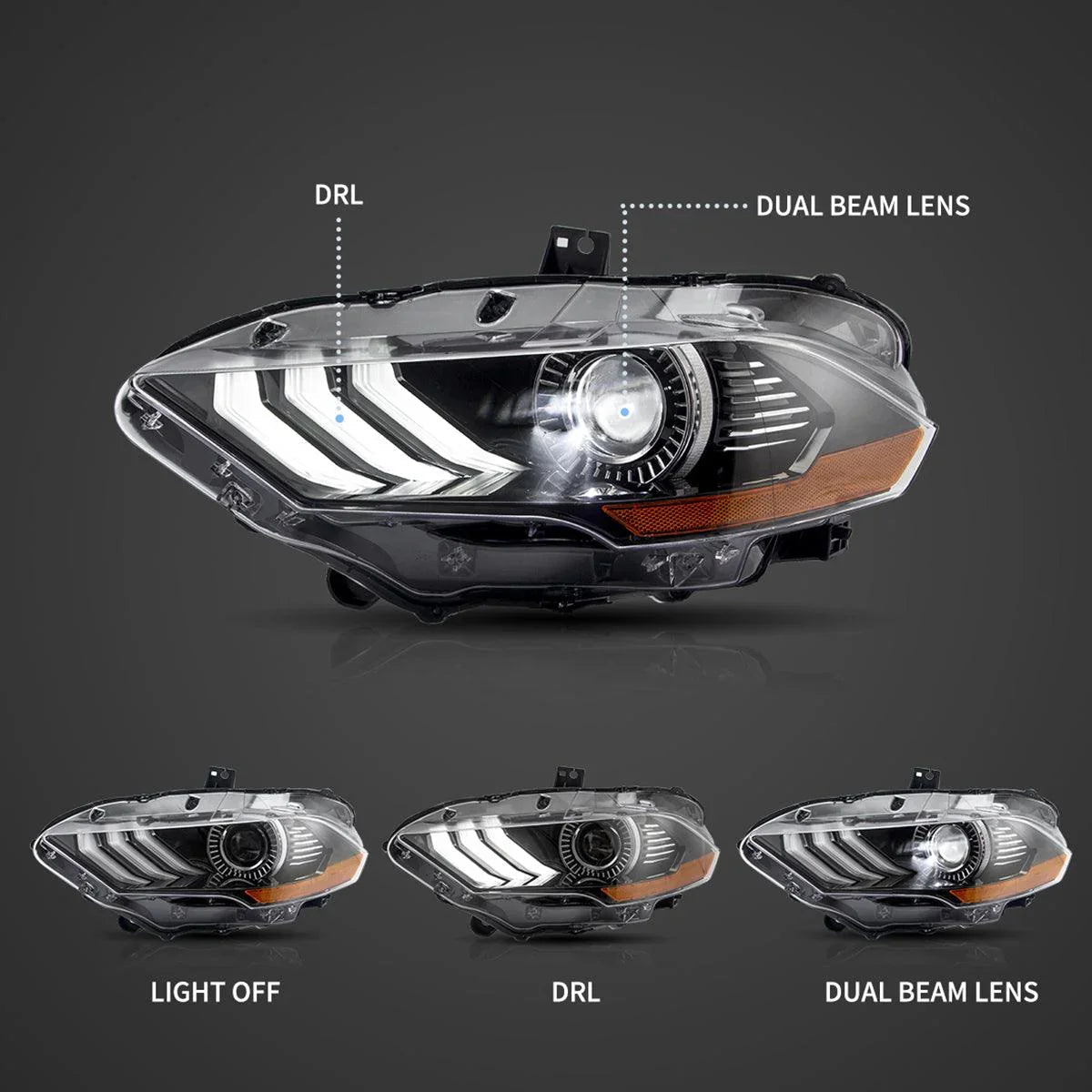 LED bloc optique avant Dual Beam Projector noir pour 2018-2024 Ford Mustang 6th Gen Facelifted – vue 3