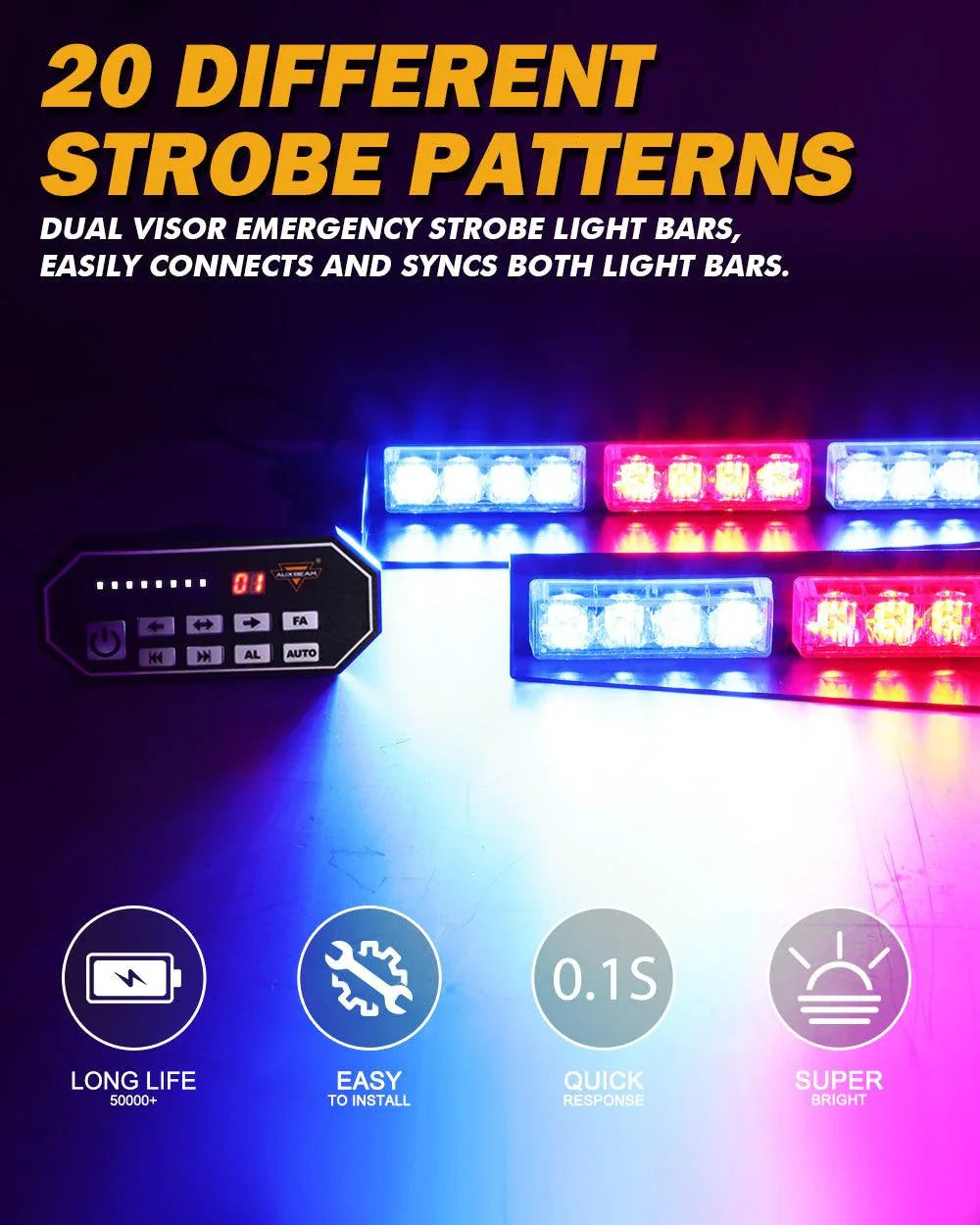17 Inch Dual Visor Blue&rouge Strobe Barres lumineuses 20 Flashing Patterns avec Controller panneau de commande pour Vehicle…