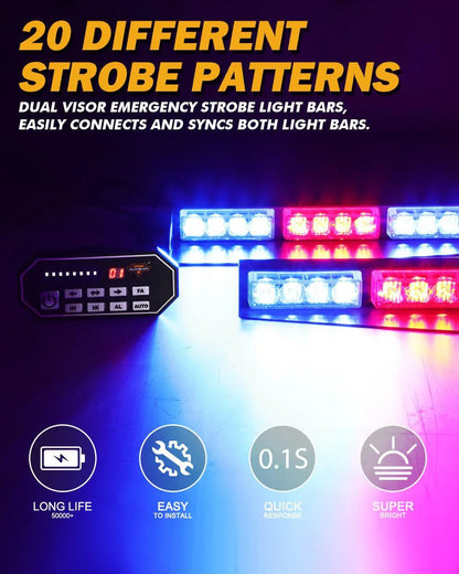 17″ Dual Visor bleu&rouge stroboscopique Barres lumineuses 20 clignotant motifs avec contrôleur panneau de commande pour
