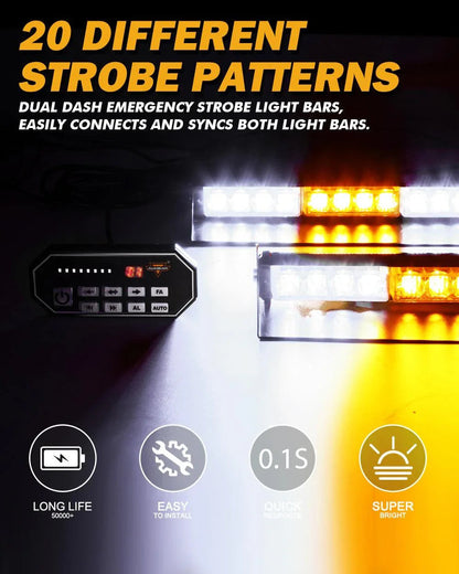 17″ Dual pare-brise Dash stroboscopique Barres lumineuses 20 clignotant motifs avec Suction Cup Mount pour véhicules camions