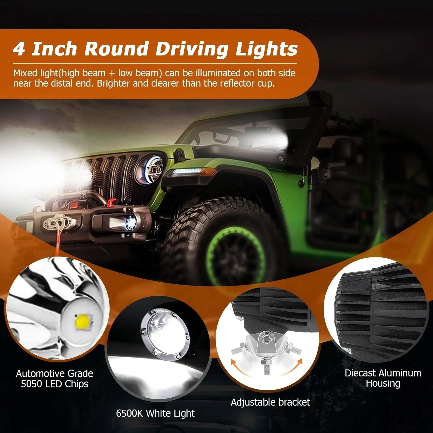 C4 série | 4 Inch 100W Round Offroad LED Driving Lights faisceau combiné – vue 4