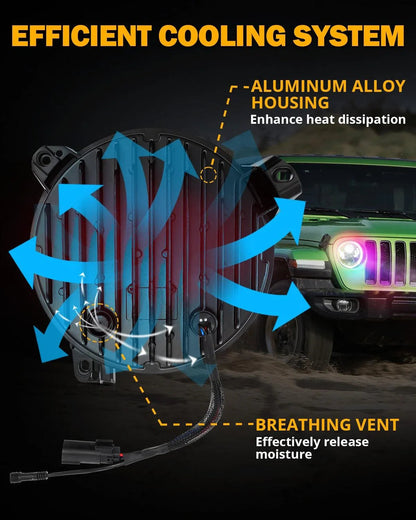 Upgraded 9″ rond LED phare avec RGB anneau Halo pour Jeep Wrangler JL – vue 7 – NOVADOMIO
