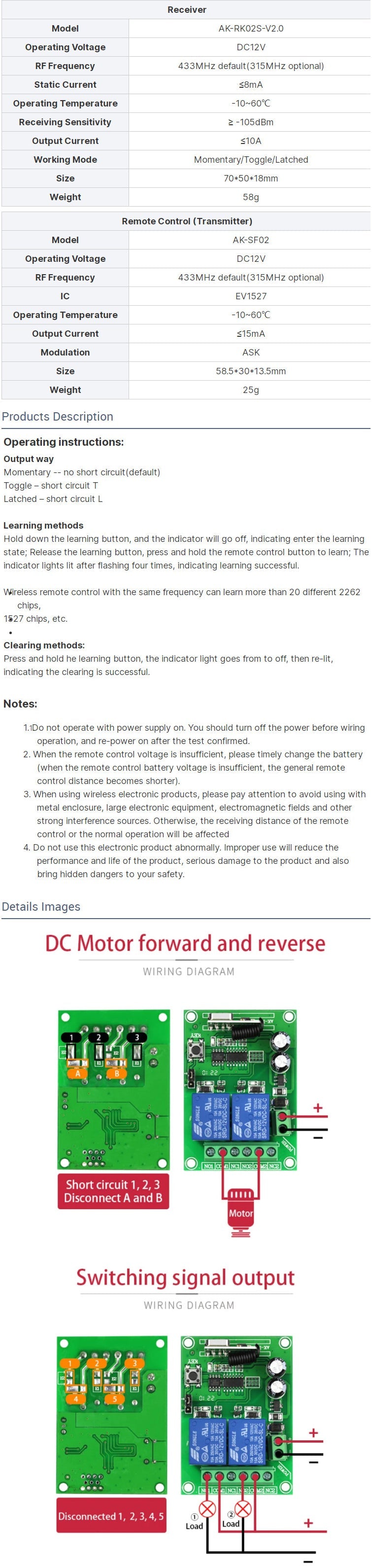 Récepteur de relais sans fil de télécommande RF universelle d'apprentissage à 2 canaux DC12 V – vue 7