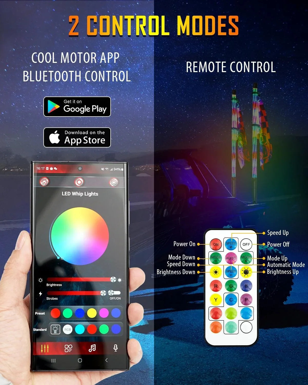 New 2.8FT LED RGB Whip Lights avec clignotant & Brake Light, Bluetooth APP/ Remote Control – vue 3