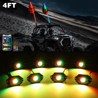 2 pièces 4FT RGB LED fouets LED avec clignotant & feu stop + RGB LED éclairages de soubassement kit avec commande Bluetooth