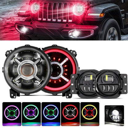 9″ rond RGB phares LED Bluetooth commande avec DRL & 4″ 30 W LED antibrouillards avec Adapter Ring pour Jeep Wrangler JL