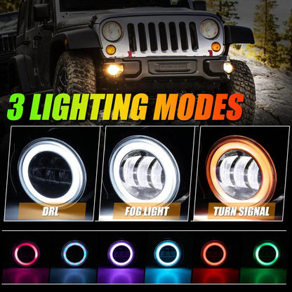 Lot de 2 4″ LED antibrouillards avec RGB anneau Halo & clignotant, Bluetooth commande pour Jeep Wrangler JK 2007–2017 – vue 3