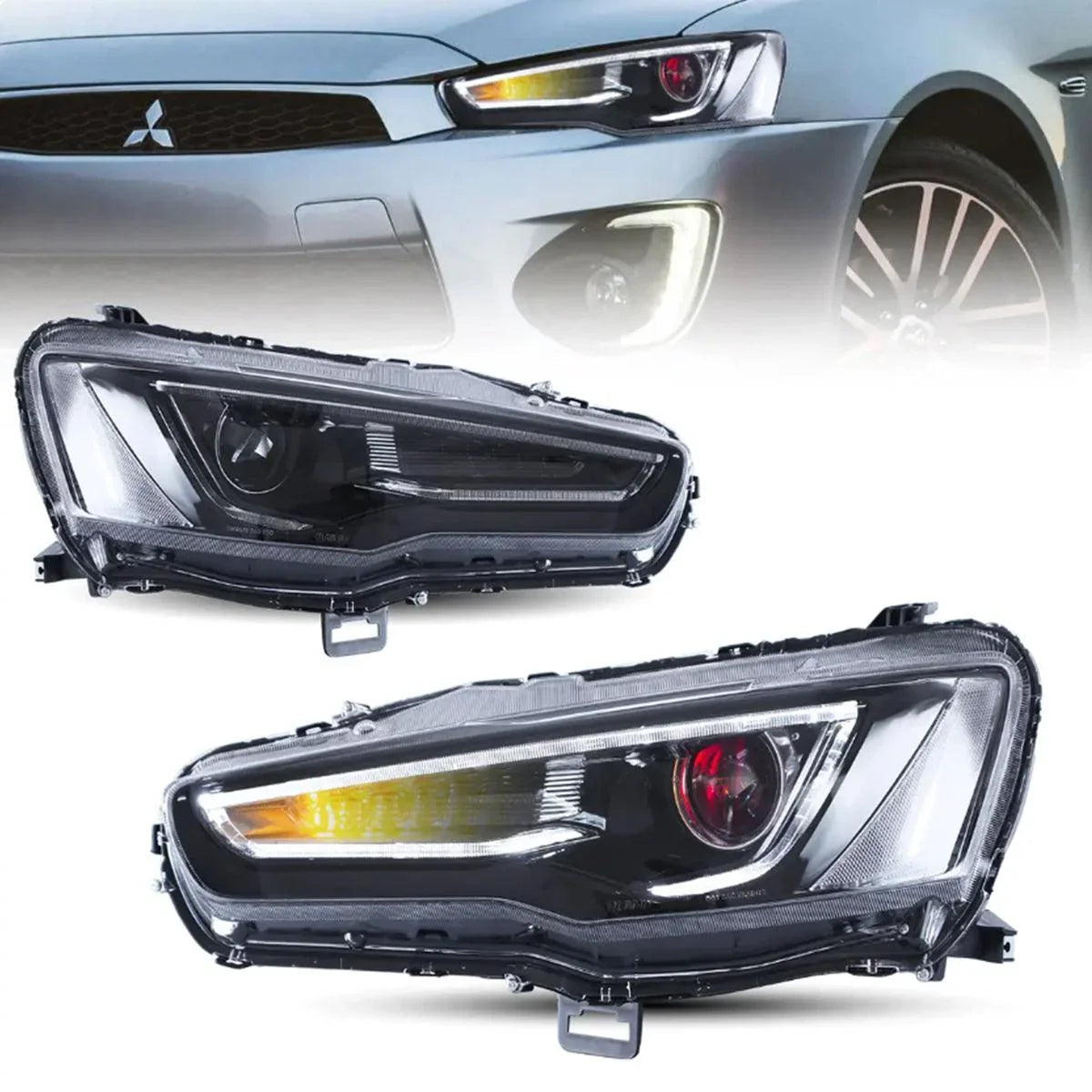 LED bloc optique avant Dual Beam Projector avec Demon Eyes noir pour 2008-2017 Mistubishi Lancer 9th Gen Evo X GSR 10th Gen(…