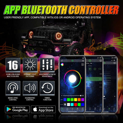 Magic Dream couleur RGB éclairage sous caisse LED Strip feux Kit avec Bluetooth APP & Télécommande sans fil avec fonction feu