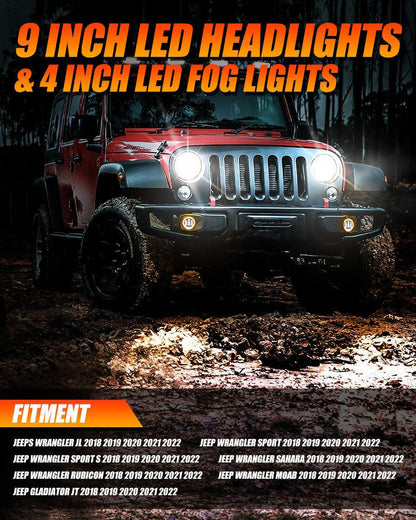 9″ LED Halo phares & 4″ 30 W LED antibrouillards avec blanc DRL+orange clignotant pour Jeep Wrangler JL 2018–2020 – vue 2