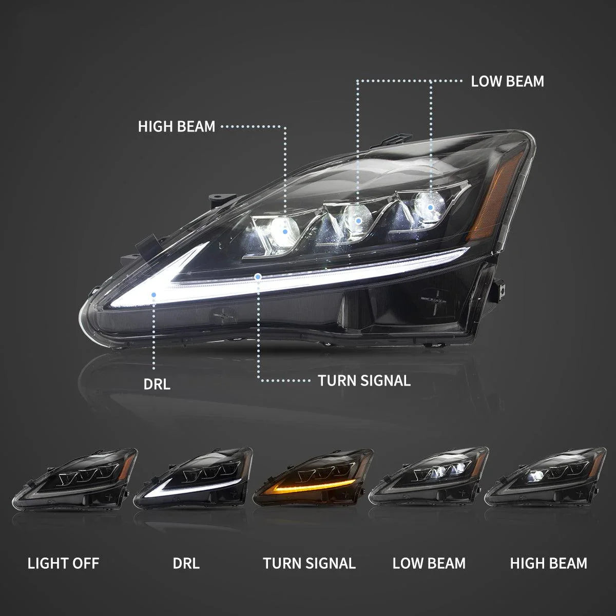 LED bloc optique avant Matrix Projector noir pour 2006-2012 Lexus IS250/IS250C/IS350/IS220d & 2008-2014 ISF(XE20) – vue 5
