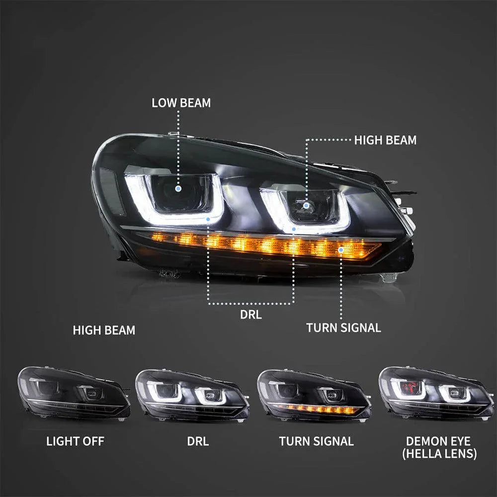 LED bloc optique avant Dual Beam Projector avec Demon Eyes noir pour 2008-2014 Volkswagen Golf 6th Gen (Mk6/A6 Typ 5K) – vue…