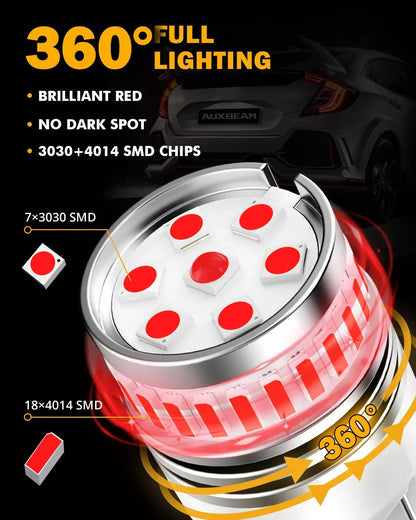 T25 3157 3156 Ampoules LED pour feux stop et arrière 11W 4000LM rouge B1 série – 2 ampoules – vue 4 – NOVADOMIO