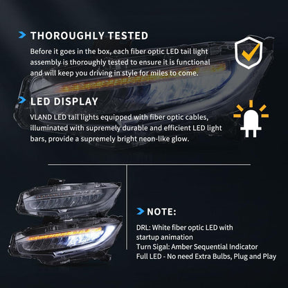 LED bloc optique avant Reflection Bowl chromé pour 2016–2021 Honda Civic 10th Gen (FC/FK) – vue 9 – NOVADOMIO