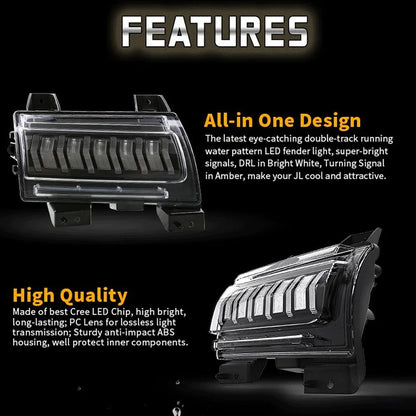 Upgraded extensions d’ailes feux, LED séquentiel clignotant clignotant avec DRL Jeep Wrangler JL Sport/Sports JT Sport/Sports