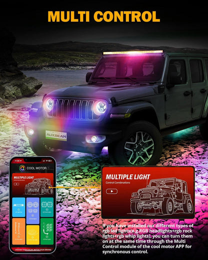 Upgraded RGB 9″ phares + 4″ antibrouillards Combo pour Jeep Wrangler JL avec commande par application – vue 6 – NOVADOMIO