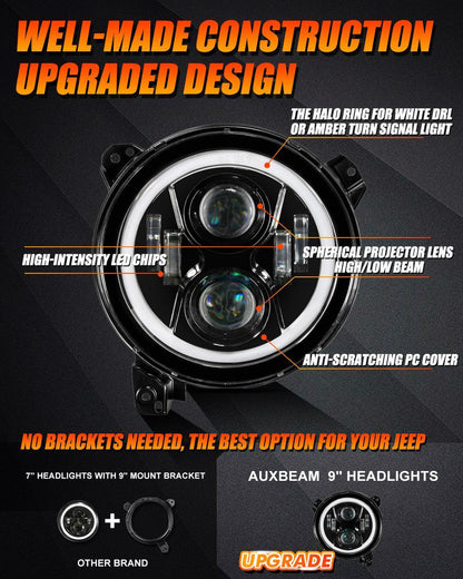 Lot de 2 9″ phares LED avec DRL anneau Halo pour Jeep Wrangler JL Jeep Gladiator JT 2018 2019 2020 2021 2022 – vue 7