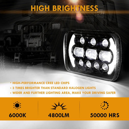 Lot de 2 130 W 7×6 LED phare avec DRL pour Jeep Wrangler YJ XJ MJ/ Ford/ Savana/ camions (noir/chromé) – vue 5 – NOVADOMIO