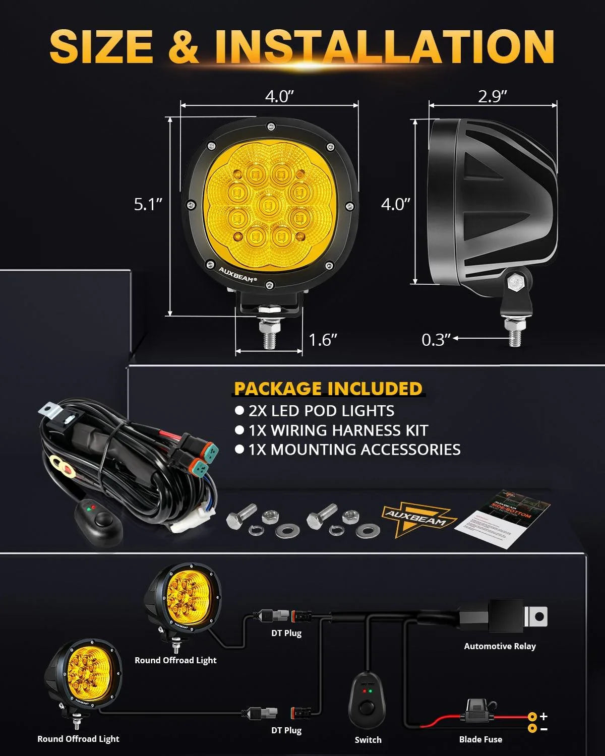 P4 série | 4 Inch 90W 9000LM Round LED Driving Lights Flood orange Pod Lights – vue 5