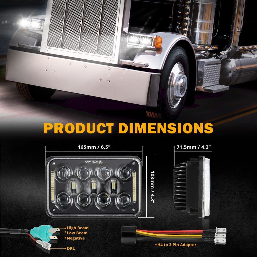 4x6 LED Headlights Rectangular Headlamps avec DRL High Low Beam DOT Approved Compatible avec Peterbil Kenworth Freightliner…