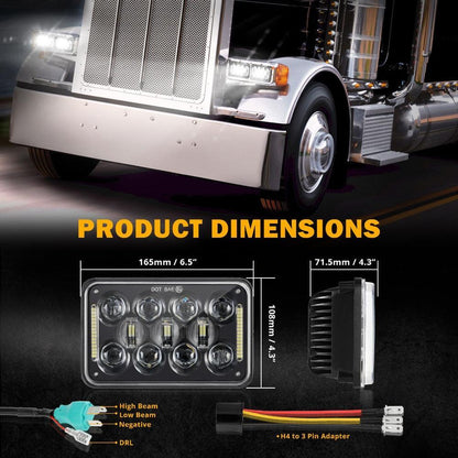 4×6 phares LED Rectangular phares avec DRL High feux de croisement homologation DOT pour Peterbil Kenworth Freightliner Ford