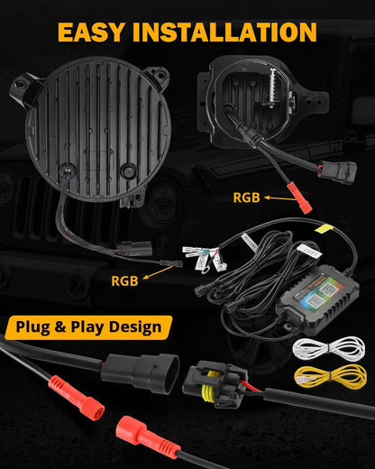 Upgraded RGB 9″ phares + 4″ antibrouillards Combo pour Jeep Wrangler JL avec commande par application – vue 8 – NOVADOMIO