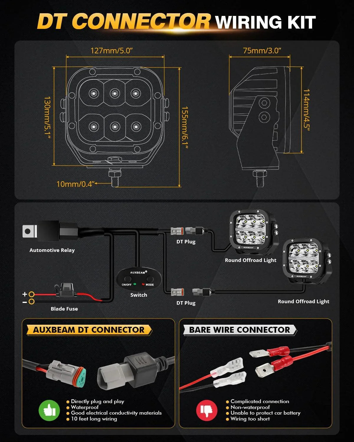 6/8Pcs 5 Inch 132W orange DRL Projecteurs LED compacts avec Power Harness – vue 7