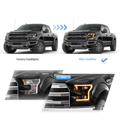 LED bloc optique avant projecteur double faisceau noir pour 2015–2017 Ford F150 (compatible Factory Halogen Version seule)