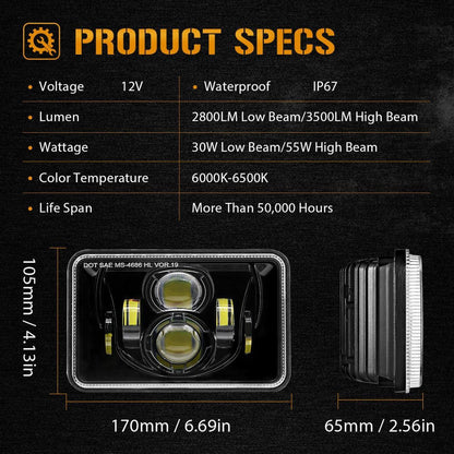 4×6″ 55 W Rectangular LED phare homologation DOT noir – vue 7 – NOVADOMIO