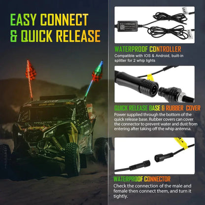 3FT/4FT LED RGB fouets LED avec Bluetooth/ télécommandé + fouet LED supports de montage pour UTV, ATV, véhicule tout-terrain