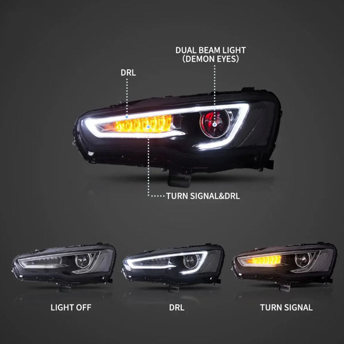 LED bloc optique avant Dual Beam Projector avec Demon Eyes noir pour 2008-2017 Mistubishi Lancer 9th Gen Evo X GSR 10th Gen(…