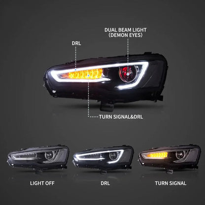 LED bloc optique avant projecteur double faisceau avec Demon Eyes noir pour 2008-2017 Mistubishi Lancer 9th Gen Evo X GSR