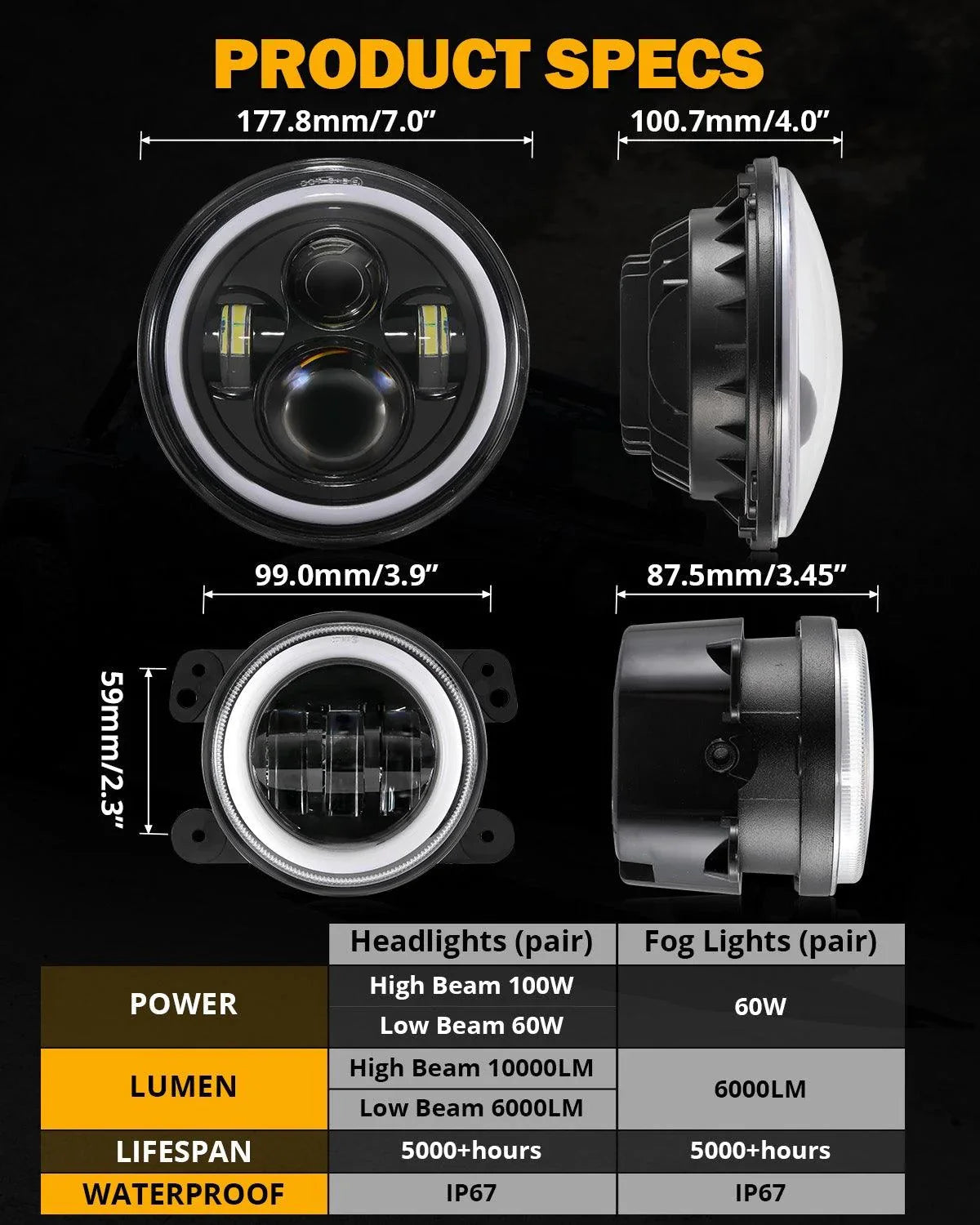 Upgraded RGB 7 Inch Headlights + 4 Inch Fog Lights Combo pour Jeep Wrangler JK avec APP Control – vue 9