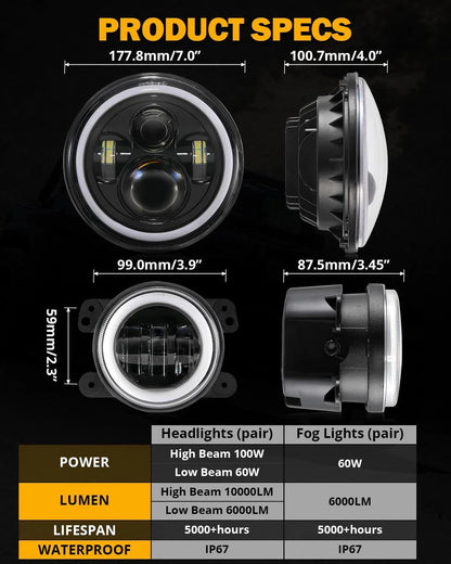 Upgraded RGB 7″ phares + 4″ antibrouillards Combo pour Jeep Wrangler JK avec commande par application – vue 9 – NOVADOMIO