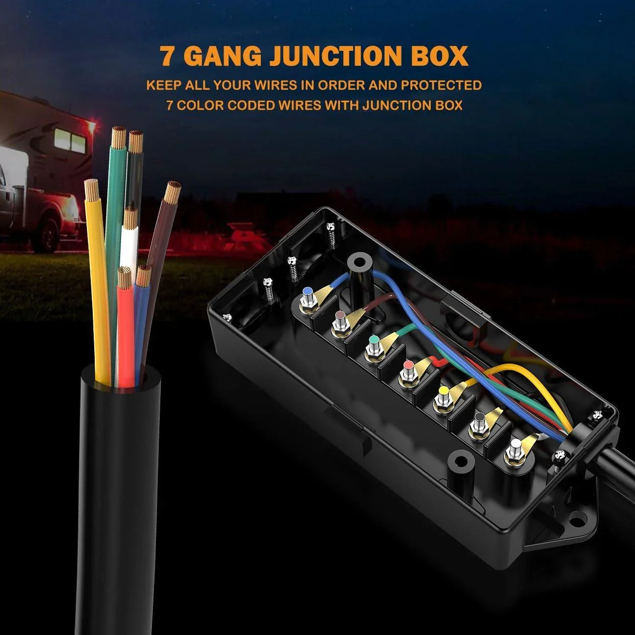 7 Way Trailer Cord, 7 Pin Trailer Plug avec 7 voies Junction Box, 8 Feet Trailer Connector Cable Wiring Harness avec Waterpr…