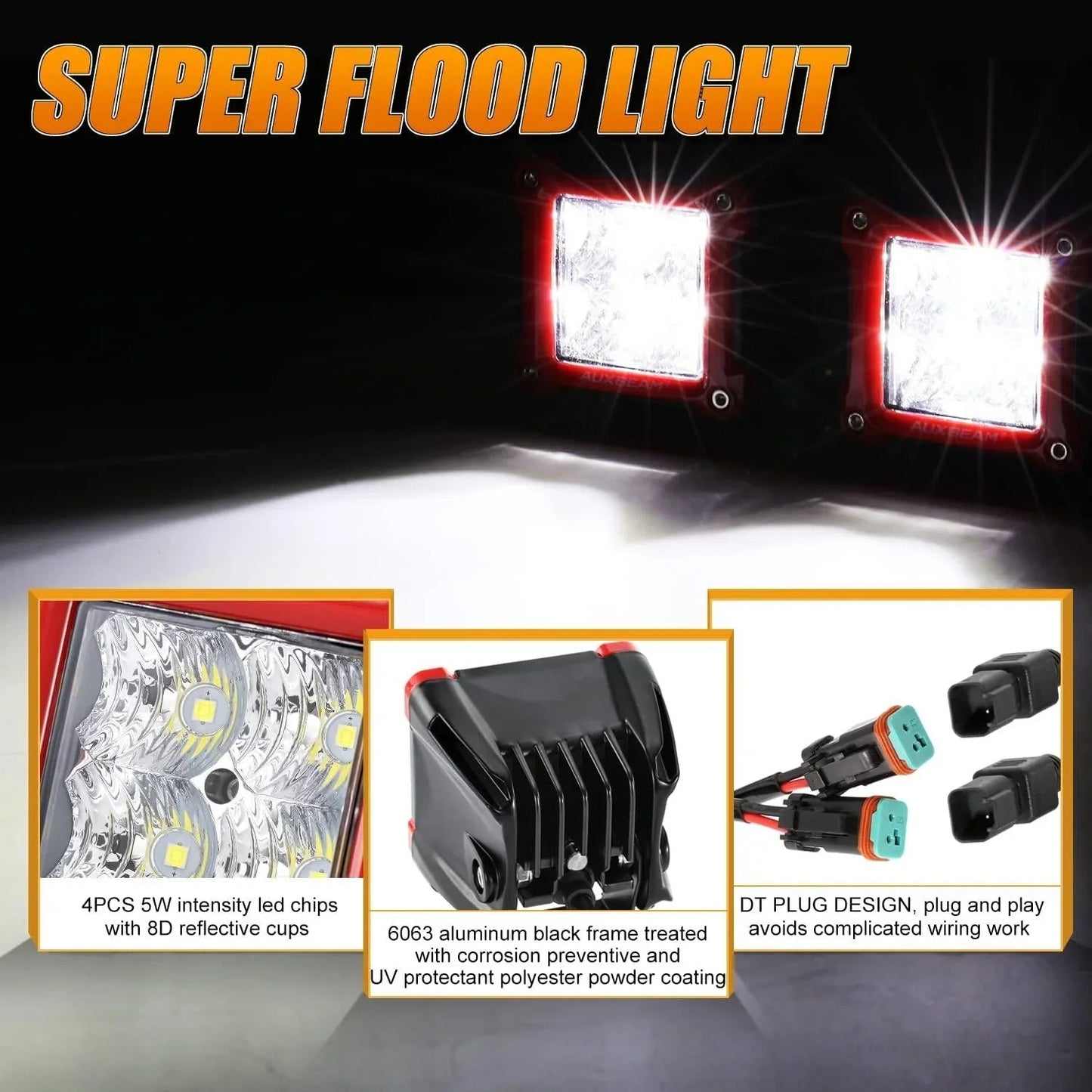 3 Inch 40W Spot/faisceau large LED Pods Light + Universal LED Working Lights Mounting Brackets – vue 5